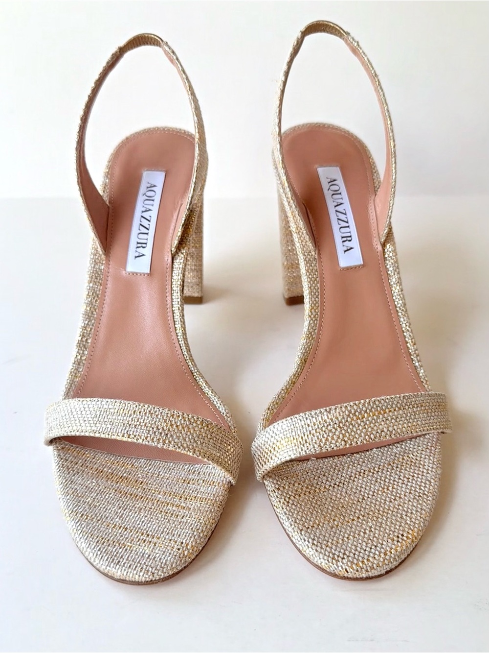 NWOB Aquazzura So Nude 85MM Metallic Sandals Woven Textile Gold Leather 39 $695 - Picture 4 of 12